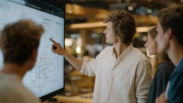 A development team gathered around a large digital whiteboard filled with flowcharts and logic diagrams, collaborating to solve a complex bug affecting system performance &mdash; teamwork, agile