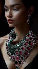AI generator images of Necklace , peacock necklace adorned with green and blue gemstones made from diamonds, emeralds, jade and zircons.