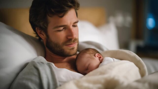 A father practicing kangaroo care with his premature baby resting against his chest, soft blankets and skin-to-skin contact promoting early developmental stability &mdash; emotional neonatal bonding and
