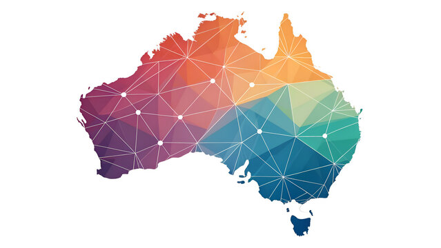 Vibrant Australia map with colorful network connections and nodes - Powered by Adobe