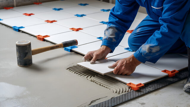Professional contractor laying tiles on floor with precision tools