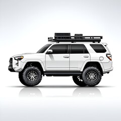 White four wheel drive suv with roof rack is parked against a white background in a modern stylized automotive illustration scene.