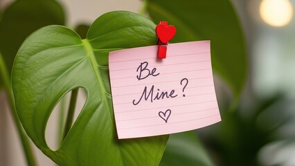 Pink note with 'Be Mine?' message on green leaf with red heart shaped clip