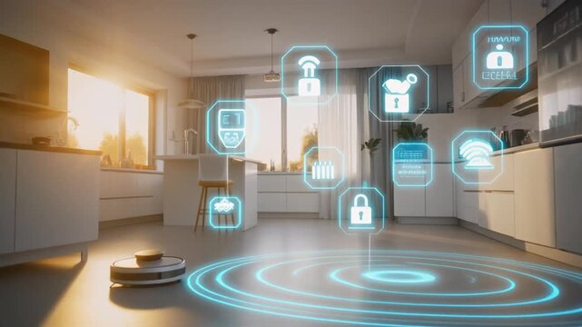 Smart Home Ecosystem with Automated Appliances, Futuristic Living Room Interior and IoT Technology UHD.