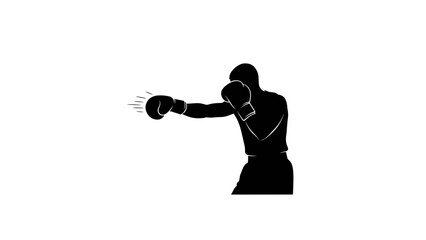 A silhouette of a boxer throwing a punch. Black figure on a white background. Boxing gloves and motion lines enhance dynamic action