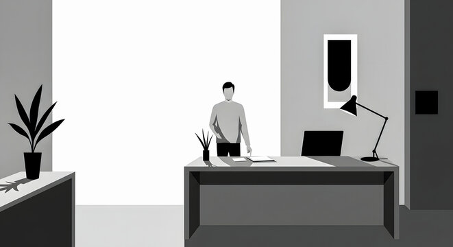 Man standing at office desk with computer and lamp, 23135.JPG reference, office environment from a frontal viewpoint