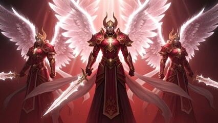 Three powerful angelic warriors in red armor with glowing swords and white wings stand under a divine light.
