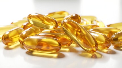 a close up shot displays a scattered pile of translucent golden yellow fish oil capsules against a clean white surface suggesting health and