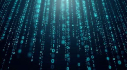 a digital rain effect featuring cascading lines of binary code in shades of teal and deep blue creating a futuristic backdrop high quality