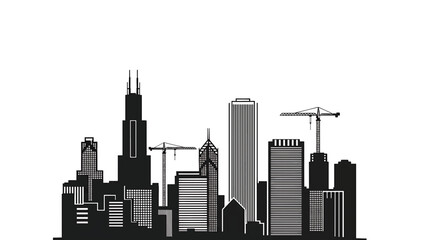 A silhouette of a cityscape featuring various buildings and construction cranes set against a white backdrop