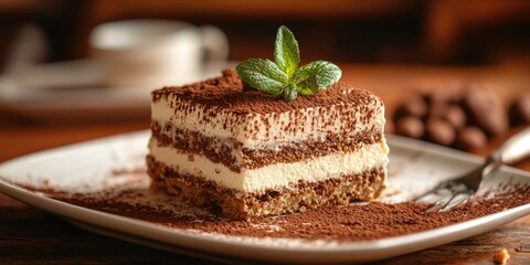A slice of tiramisu topped with chocolate shavings and a sprig of mint on a white plate, with a blurred background of coffee beans and a cup of coffee.