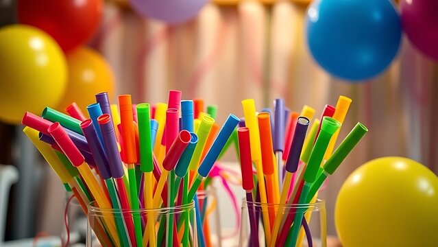 libertarian. Colorful party blowers and balloons on a table, festive celebration with soft lighting. lifestyle magazines.
