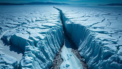monopole. A vast glacier with a deep, dark crevasse splitting its surface, cold blue and white tones. travel magazines, destination branding, designed for outdoor magazines and nature guides.