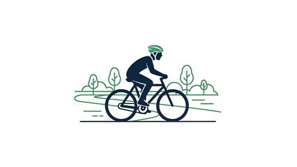 Obraz premium A silhouette of a cyclist riding on a path through a park, person wearing a helmet, trees in background, linear illustration