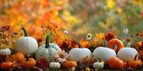 A colorful autumnal scene with pumpkins, flowers, and leaves in a garden setting.