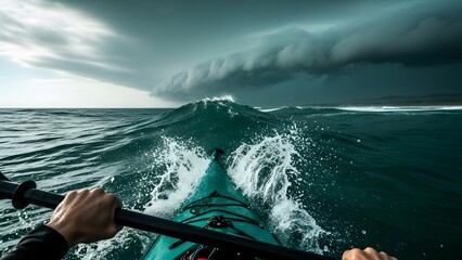 A person's point of view kayaking through large waves on a stormy sea with dark, dramatic clouds overhead.