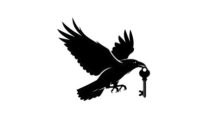 Fototapeta premium A silhouette of a raven in flight, holding a key in its beak, against a white background. This design evokes mystery and secrecy