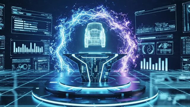 Hologram tech podium with neon light portal effect on futuristic blue background. 3D digital stage p 4K 10s