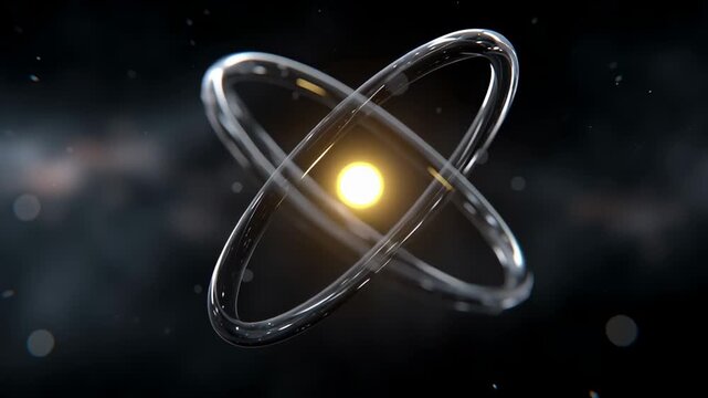 atomic model with a bright nucleus at the center surrounded by electrons in specific orbits. The background is dark with stars providing depth to the setting