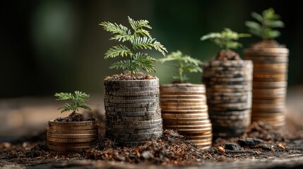Concept of financial growth with plants growing from coins in a dark and natural setting