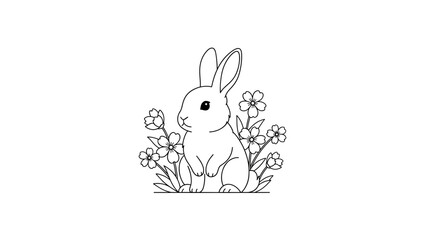 Fototapeta premium A simple, black-and-white illustration of a rabbit sitting amongst flowers, outlined on a white background. The ears are long