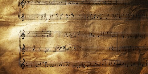 An old, crumpled sheet of music with musical notes and symbols on a brown, textured background.