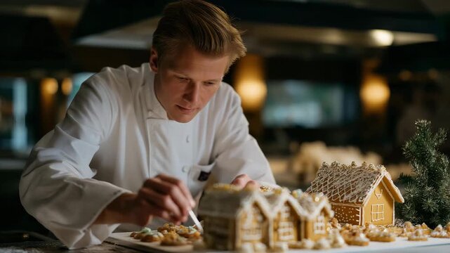 A pastry chef constructing a miniature gingerbread village with sugar-glass windows and powdered-snow rooftops, capturing holiday charm in bite-sized form &mdash; festive culinary artistry and dessert
