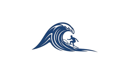 A silhouette of a surfer riding a large wave in a stylized graphic, utilizing shades of blue against a white background. This design is clean and dynamic
