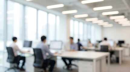 a blurred view of a modern open plan office space with multiple people working at their desks and a large window high quality
