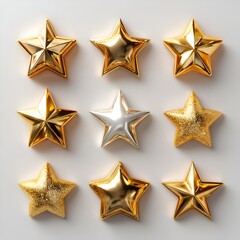 Obraz premium Nine gleaming stars are arranged on a neutral surface, some are golden and one is silver, creating a sense of elegance and celebration.
