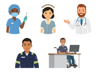 Diverse healthcare professionals in various roles and attire, standing or sitting in a clinical environment, viewed from directly above