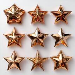 Obraz premium Nine lustrous golden star ornaments are arranged in a grid pattern against a pristine white surface creating a beautiful visual arrangement.
