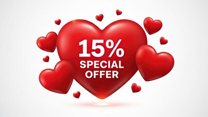 Red heart shape 3D render with 15% special offer text for Valentine's Day promotion