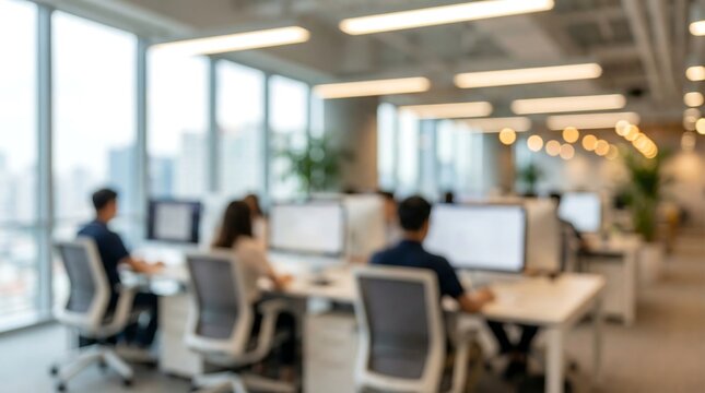 a blurred view of a modern office space featuring rows of desks with computers and people working illuminated by overhead lighting and large
