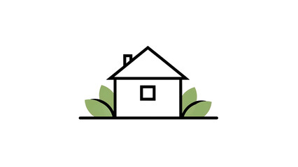 A simple illustration of a house with a chimney, a square window, and stylized green foliage on a white background