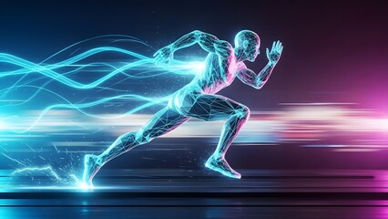 A dynamic, futuristic depiction of a human runner with glowing blue and pink energy trails, illustrating speed and advanced performance.