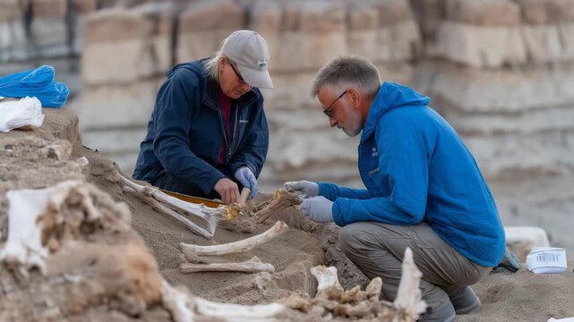 A team of paleontologists digging through layered clay beds in a remote canyon, gently brushing fossil fragments while mapping the excavation grid &mdash; prehistoric research, scientific exploration,
