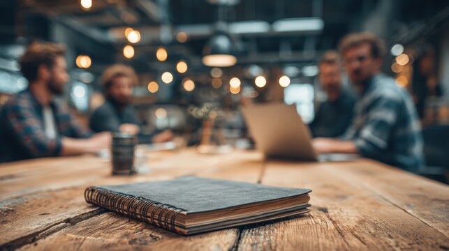 Young business crew collaborates on startup project in modern loft space with laptop and notepad on wooden table during evening hours - Powered by Adobe