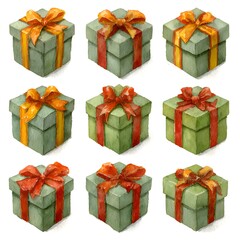 Fototapeta premium Hand painted watercolor illustration features nine charming green gift boxes adorned with red and gold ribbons arranged on a white background.