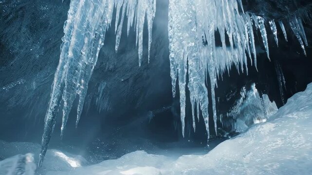 Majestic ice formations with crystal icicles hang in a cavern