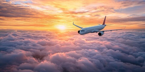 A commercial airplane flying over a vast expanse of clouds at sunset, with the sun setting in the background.