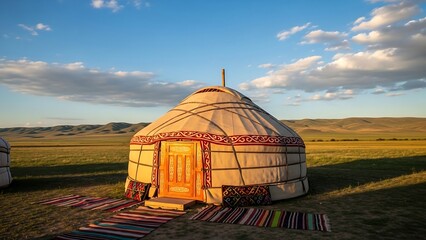 Traditional Mongolian yurt in countryside landscape.