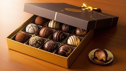 Open box of assorted chocolates on wooden table with one piece on a gold plate