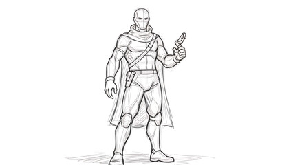 Obraz premium A sketched figure of a masked character, standing at attention with a futuristic pistol and cape. The illustration is in black and white