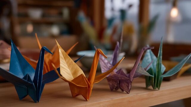 Folded paper cranes arranged gently on a desk, symbolic and delicate with origami creases casting tiny shadows &mdash; creativity, mindfulness crafts, and peaceful visual storytelling. cinematic color