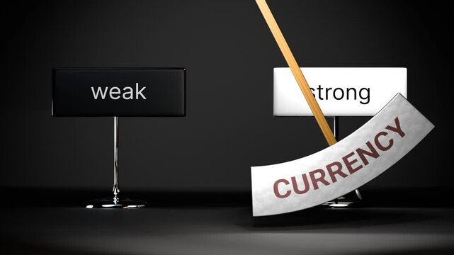 Currency cycles between weak and strong. Visualizing a repeated pattern of currency that swings between extremities: weak and strong. Repeating transition from weak to strong.
