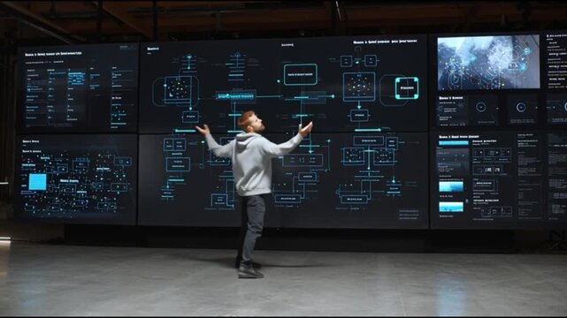 Serverless architecture. Cloud native. Function as a service. Microservices. Modern cloud. Cloud security. A man stands confidently in front of digital screens displaying data.