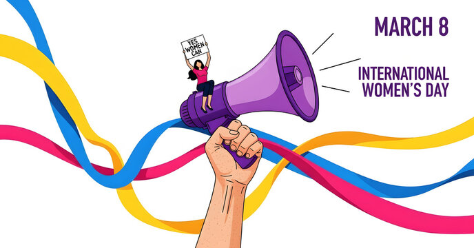 Empowering woman holding protest sign on megaphone for International Women's Day - Powered by Adobe