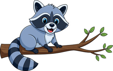 Cute Cartoon Raccoon Character on Tree Branch, Happy Procyonid Forest Wildlife Animal Mascot Vector Illustration Isolated.