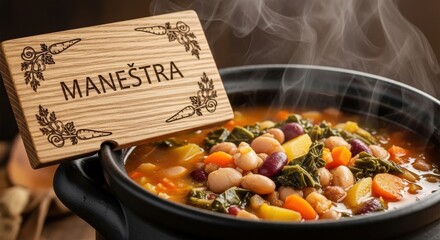 Traditional Istrian Maneštra Vegetable and Bean Soup in Black Clay Pot with Hand-Carved Oak Sign, Rustic Croatian Wholesome Food Photography